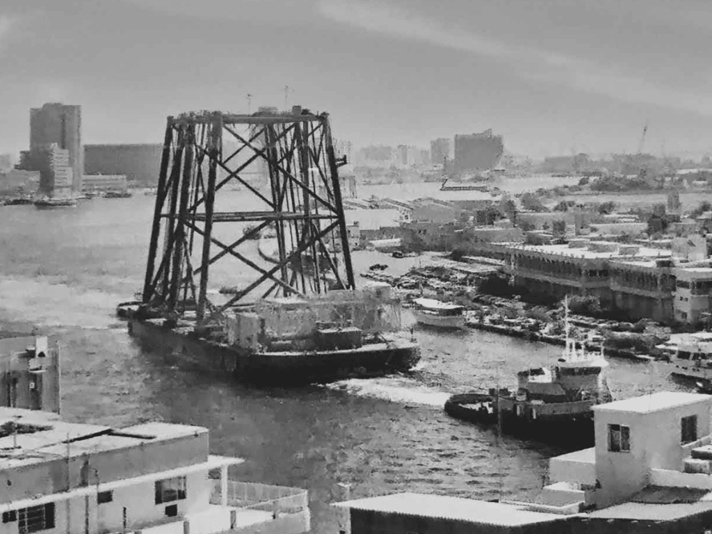Old Dubai pictures : A barge at Dubai Creek in the early days of the oil business in the city. Credit: Simon Adams