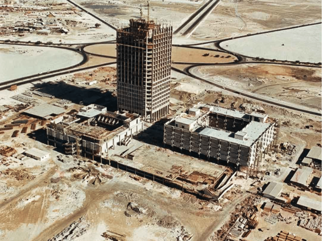 Old Dubai pictures : The World Trade Centre under construction. Credit: John R Harris Library